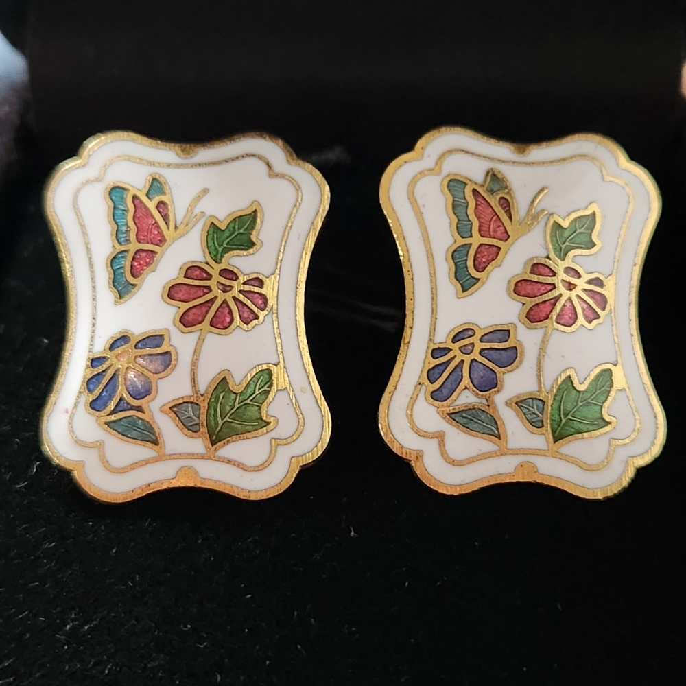 2/$30 Cloisonne Floral Enamel Earrings with Gold Accents